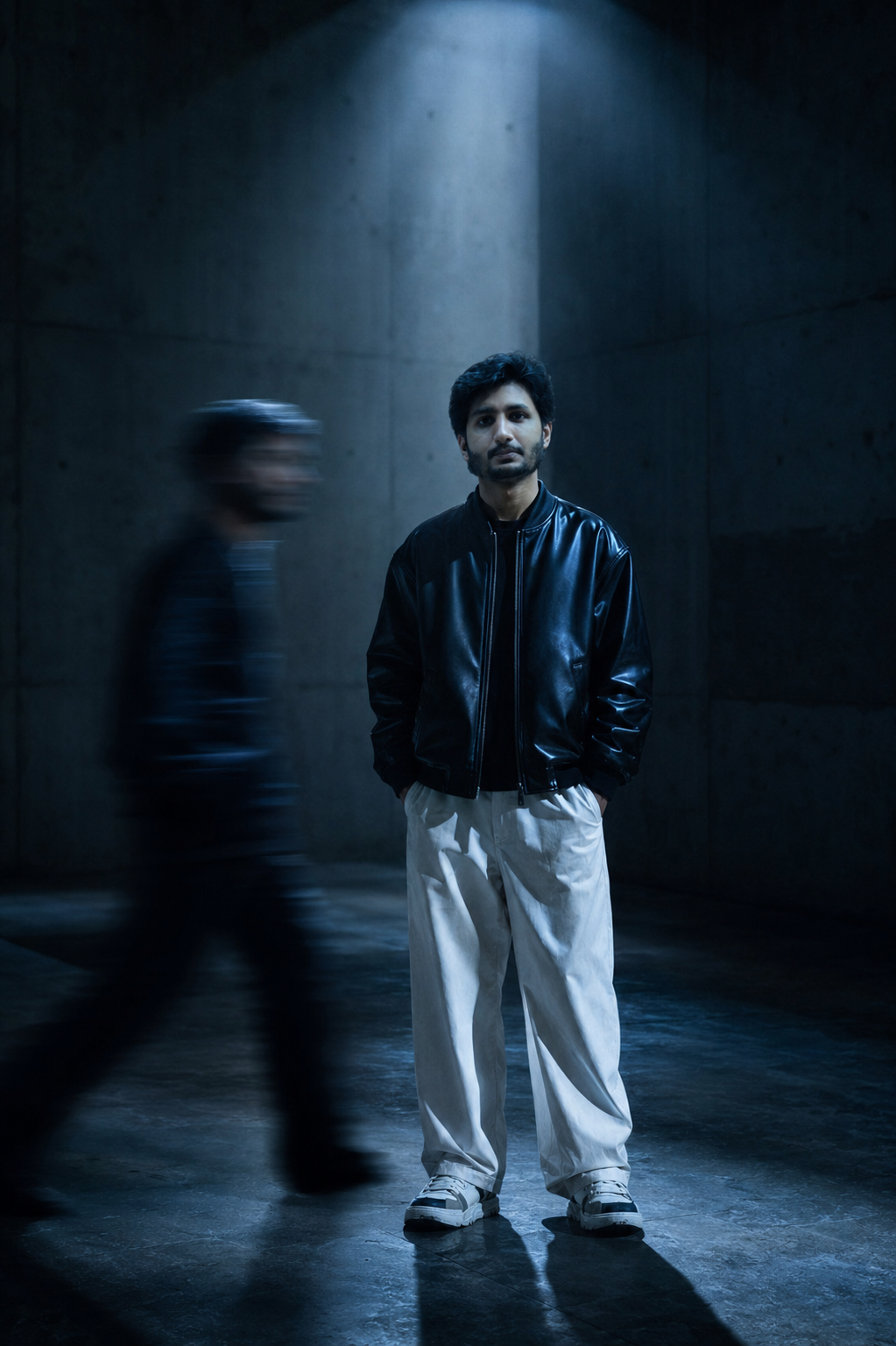 Dark blue motion blur editorial portrait