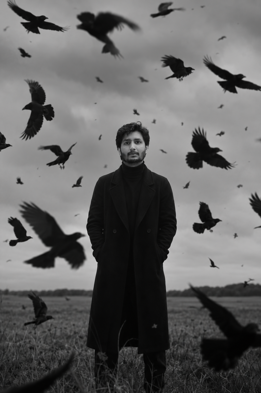 Monochrome portrait with black crows