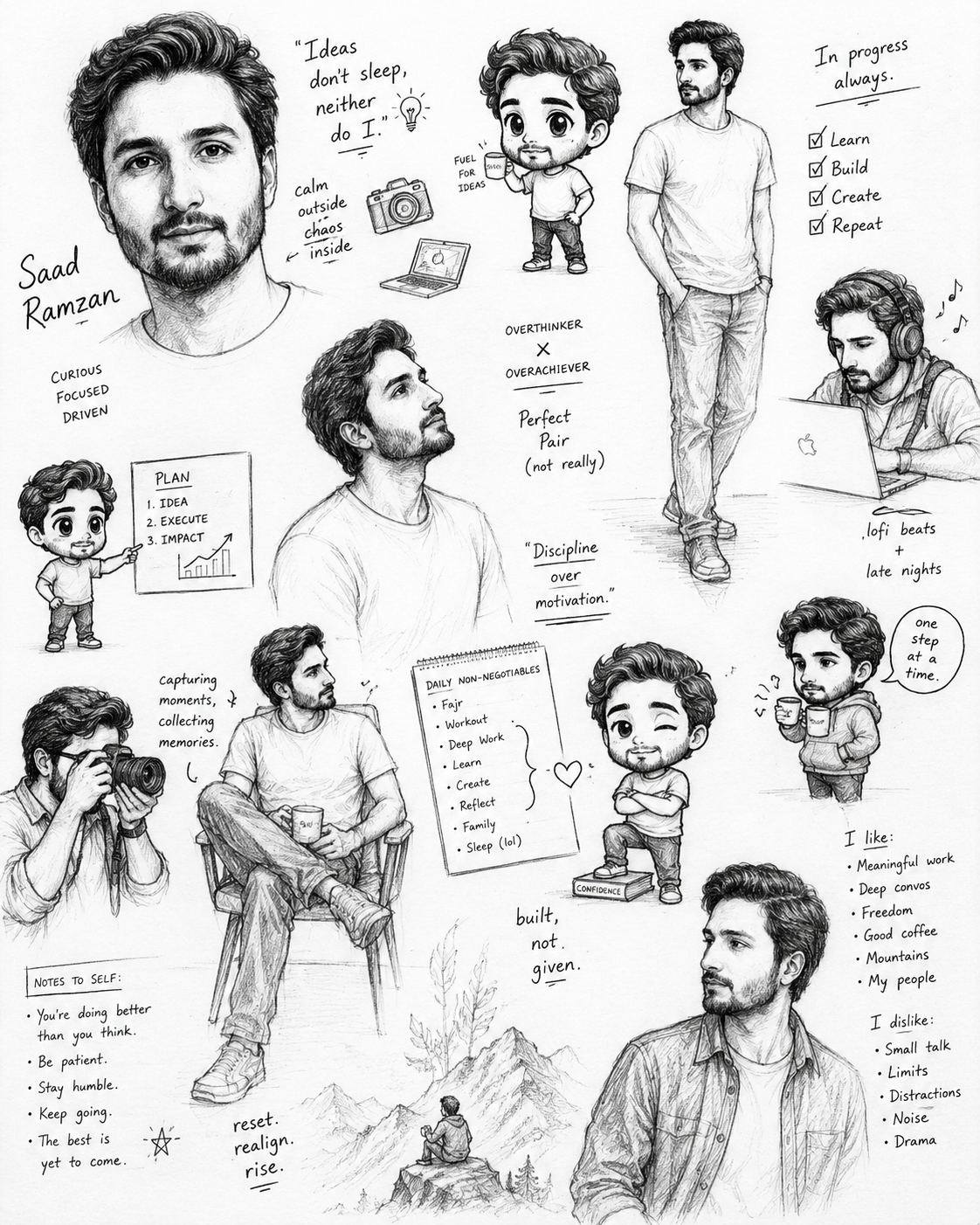 Black and white sketchbook character sheet