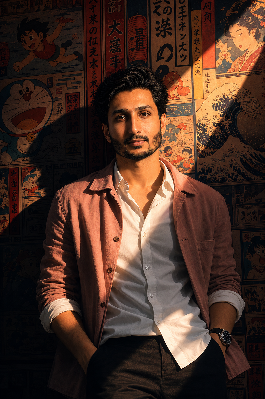 Vintage Japanese mural cinematic portrait